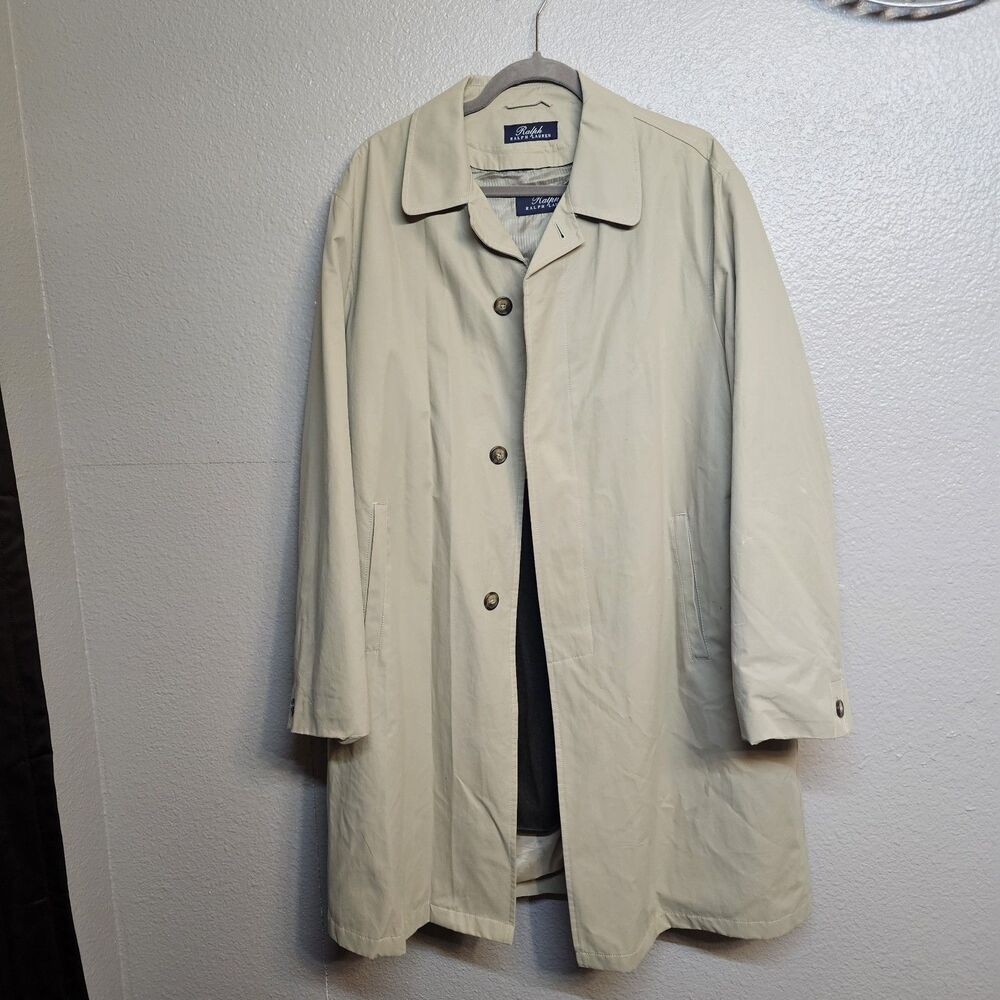 Ralph Lauren Men 44R Beige Mid Length Coat Removable Liner Button Front Timeless